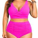 Holipick Two Piece Plus Size Swimsuits for Women High Waisted Bikini Tummy Control Bathing Suits Twist Front Swimwear Hot Pink