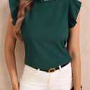 Women's Ruffle Cap Sleeve Blouse Elegant Mock Neck Business Casual Shirts (Green, M)