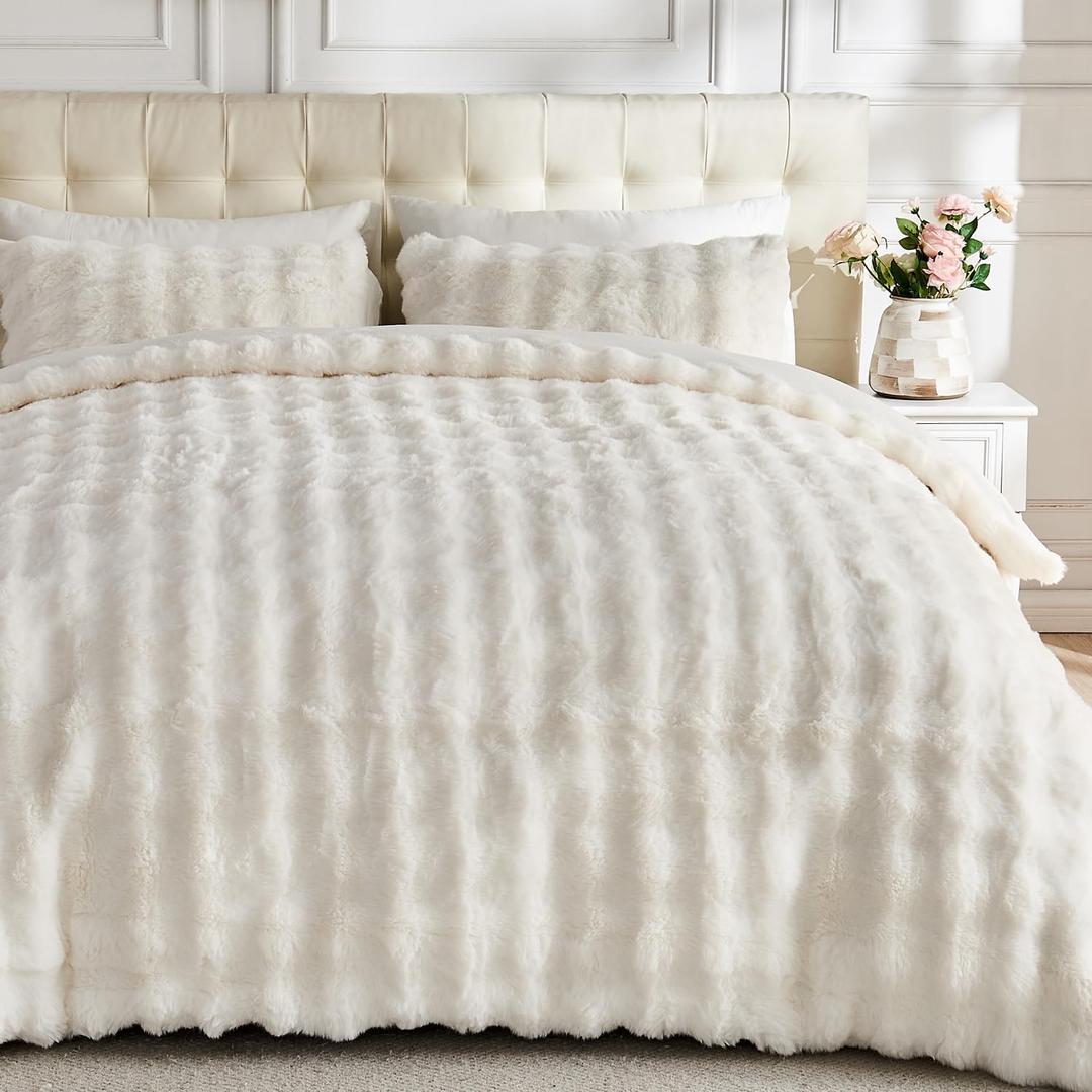 Lotus Karen Fluffy Comforter Queen Set Cover Set-Rabbit Fluff Faux Fur Duvet Cover Queen Size,Cream White Plush Fuzzy Furry Bedding Sets 3Pieces(1 Duvet Cover & 2 Pillow Shams),Zipper Closure