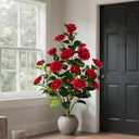 Artificial Camellia Tree with Spike, 36” Tall Faux Artificial Plants Outdoor Flower Tree with Red Blooming Camellia Flower, Fake Flower Tree for Home, Garden Decor(Red)