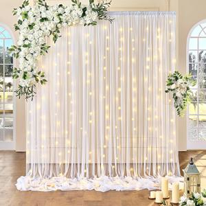 10FT x 7FT White Sheer Curtains with Lights String Tulle Curtain for Living Room Bedroom Parites Wedding Birthday Decorations 2 Panels 60" Wｘ84 L