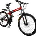 Bruce & Shark 26" Folding Mountain Bike for Men, 21 Speeds Full Suspension Commuter Bicycle, High Carbon Steel & Disc Brakes, Portable City Outdoor Bike for Adult Youth Teen