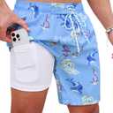 Mens Swim Trunks 7 Inch Swimwear for Men Compression 2 in 1 Soft Stretchy Quick Dry Comfort Drawstring Light Blue Voyage Pockets Beach Pool 4-Way Breathable Son Husband Boyfriend Summer (Blue, XL)