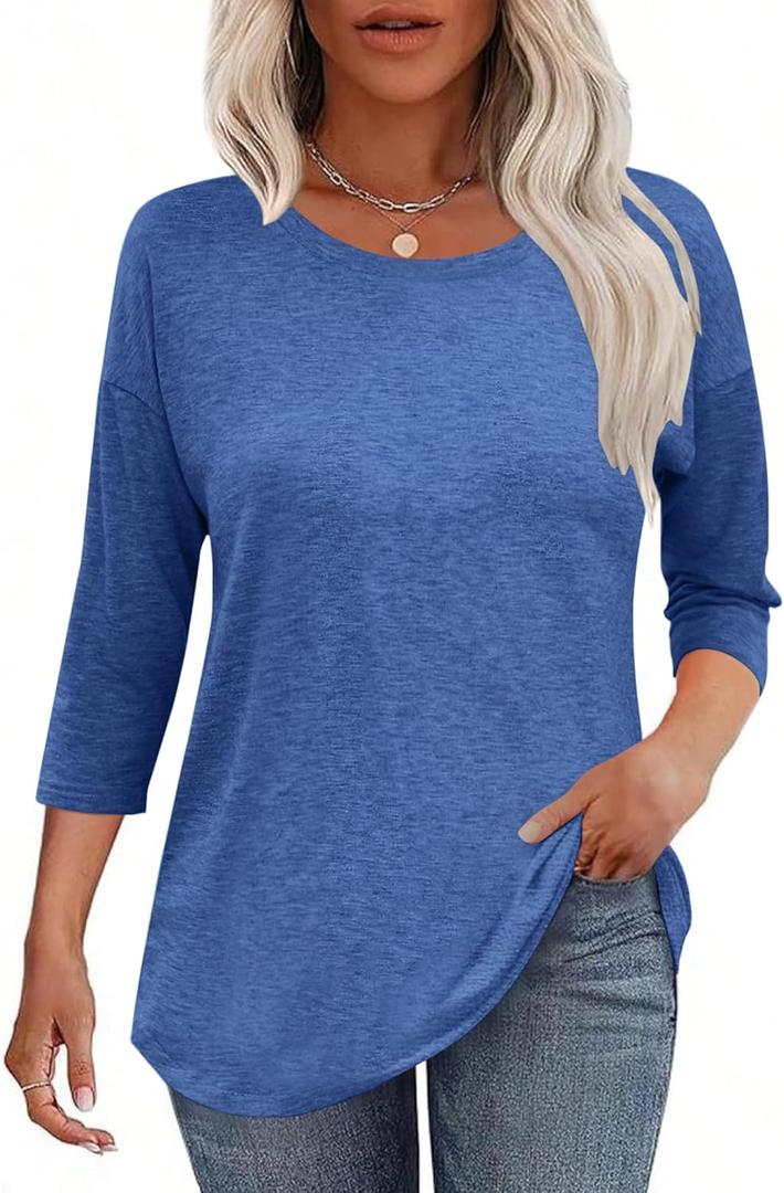 Kancystore Womens 3/4 Length Sleeve Tops Casual Loose Fit Tunic Shirts Crewneck Basic Tees (Blue, L)