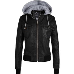 wantdo Women's Lightweight Leather Jacket Casual Motorcycle PU Biker Coat with Removable Hood, Size M