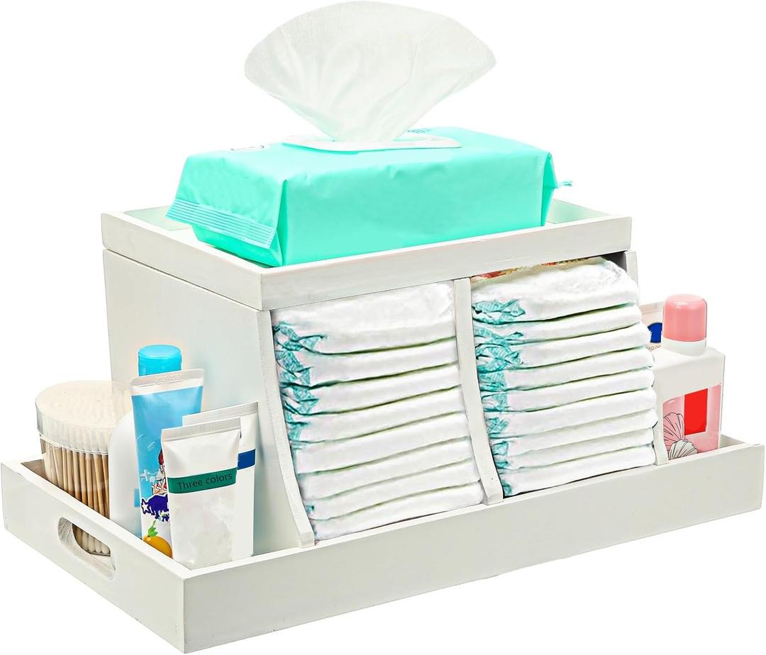 Three colors Diaper Organizer, Wooden Diaper Caddy Organizer, Changing Table Organizer, Diaper Storage Organizer, Nursery Baby Organization (White)