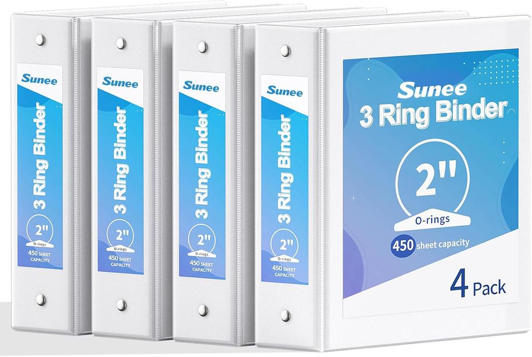 SUNEE 2 Inch Binders 3 Ring 4 Pack, PVC-Free Clear View 2" Binders (Fits 8.5x11 Inches) for School, Office & Home Use, White