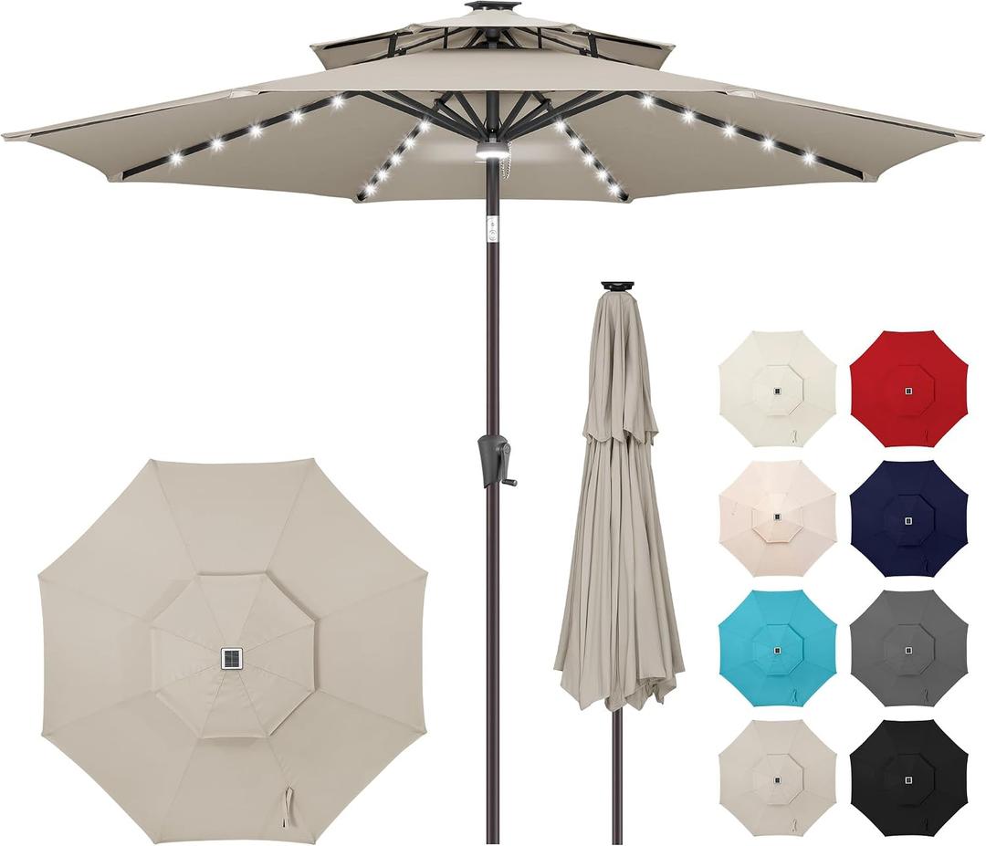 9ft Solar Umbrella Outdoor - 2-Tier Lighted Solar Patio Umbrella with 40 LED Lights Waterproof UV Protection, Table Umbrella with Tilt for Pool, Porch, Garden, Backyard (Taupe)