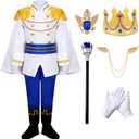 Boys Prince Charming Costume Cosplay Dress-Up Medieval Royal King Outfits for Kids (9-10 Years, Blue)