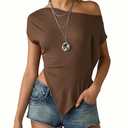 Bell Princess Womens Off Shoulder Tops Asymmetrical Short Sleeve Crop Top Knit Sexy Y2K Summer Cute Slim Fit Shirts(0305-Brown-XS) (Brown, XS)