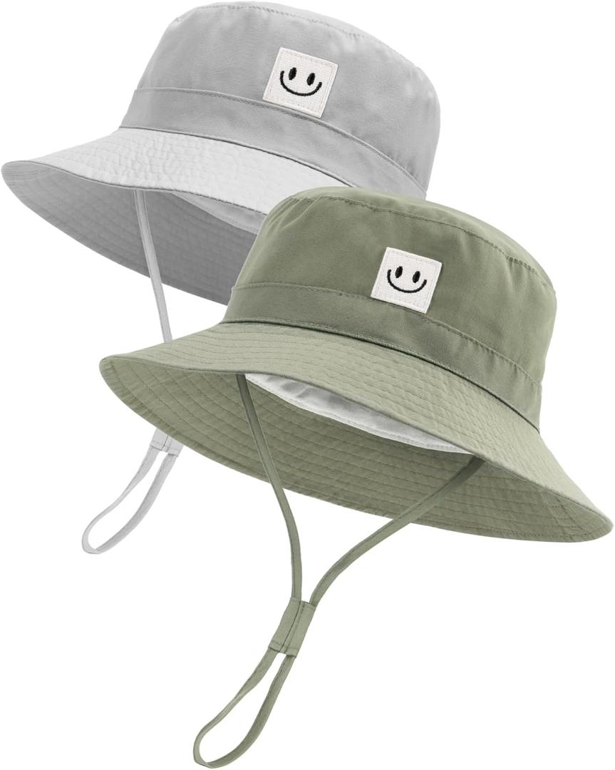 FURTALK Baby Sun Hat Smile Face Toddler Boys Girls Bucket Hat 0-5 Years Kids UPF 50+ Sun Protection Summer Hats (0-6 Months, Gray+green)