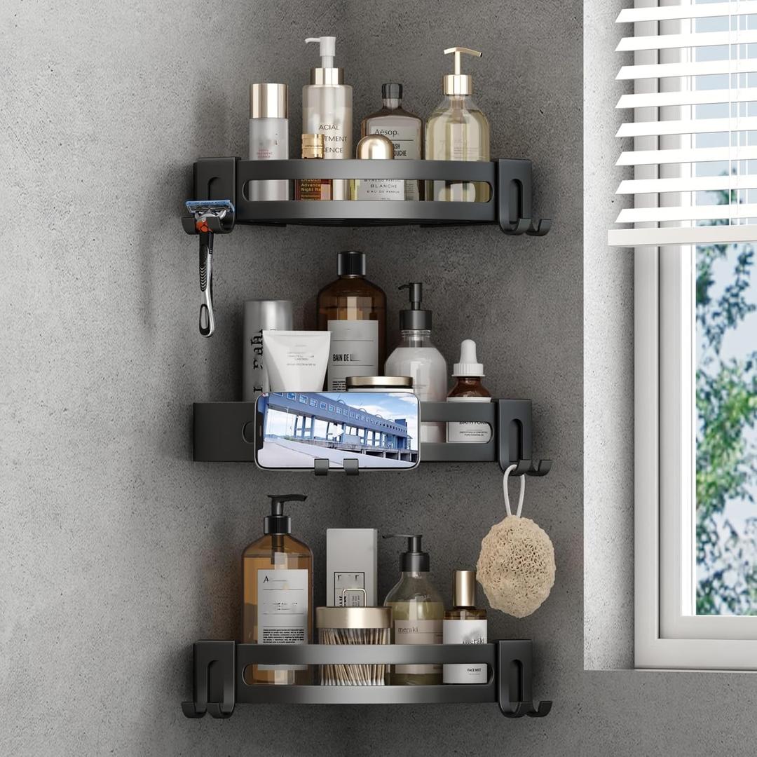 VOLPONE 3-Pack Black Triangle Shower Caddy, 3-Tier Corner Shelves, Rustproof Shower Storage Rack, Drill Free Wall Mount Shower Organizer, 40lbs Load Capacity