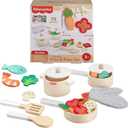 Fisher-Price Wood Kitchen Pretend Play Toy Pots & Pans Set, 19-Piece Playset Wooden, Metal & Fabric for Preschool Kids Ages 3+ Years