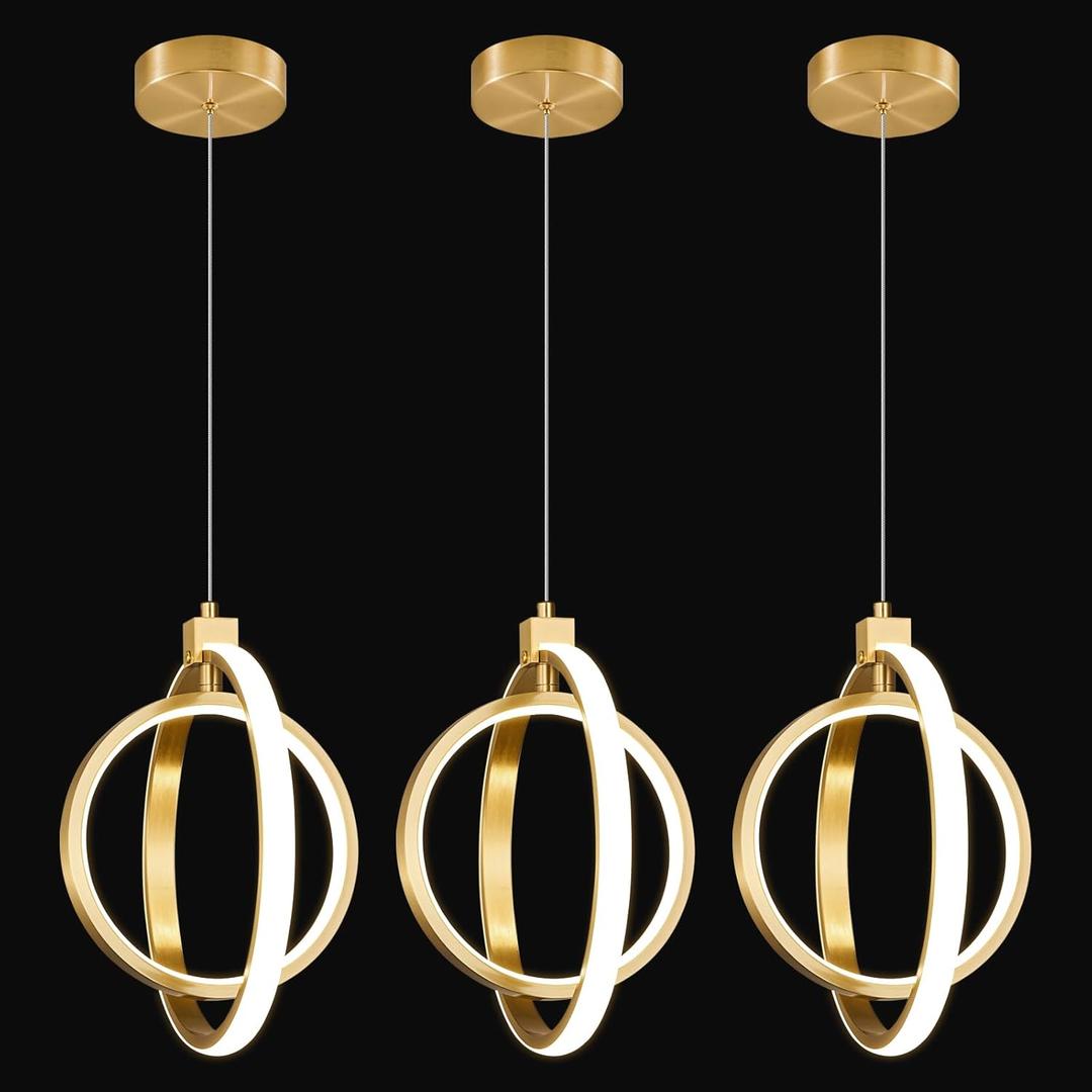 Modern LED Chandelier Gold Ring Pendant Light Fixtures 4000K Dimmable Height Adjustable Pendant Lighting for Dining Room Kitchen Island Bedroom Living Room Foyer（3-Pack）
