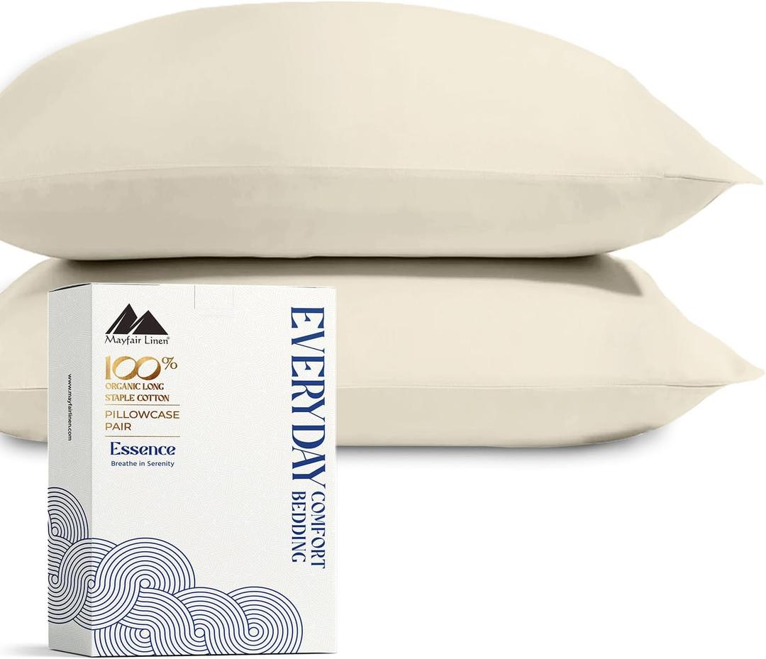 Mayfair Linen 100% Organic Cotton Percale Pillow Cases Queen/Standard Size Set of 2 - Percale Pillowcovers Standard/Queen (Ivory), Soft Cooling Pillow Case for Sleeping, Cotton Pillowcases