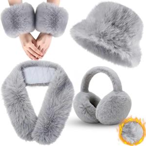 4 Pcs Winter Faux Fur Set for Women Fur Collar Scarf Wrap Winter Fuzzy Bucket Hat Ear Muffs Foldable Wrist Cuffs Accessories