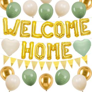 Welcome Home Decorations Green Gold,Gold Welcome Home Foil Balloon Banner with Sage Green White Heart Balloons Pennant Flag Bunting for Housewarming Baby Shower Home Family Party Supplies
