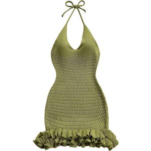 GORGLITTER Women's Crochet Halter Bubble Mini Dress Bow Backless Summer Bodycon Knit Dress Vacation Festival Outfits (Large, Green)
