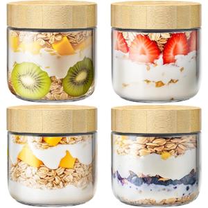 4 Pack 10oz Overnight Oats Containers with Bamboo Lids, Glass Jars with Airtight Lids for Meal Prep, Wide Mouth Mason Salad Jars, Glass Food Storage Container for Yogurt Chia Snacks Spice Sugar