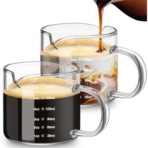 Patelai 2 Pcs 6oz/180ml Espresso Cups, Glass Measuring Cups with Double Spouts & Handle, Scale Espresso Shot Glass Milk Frothed Cup Coffee Accessories for Machines, Milk Frothed, and Bars