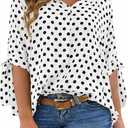 Cicy Bell Womens Polka Dot Half Sleeve Pleated Top Button Down Tunic Blouse | Summer Casual Shirts, Loose Fit, V Neck, Bow Tie Cuff, Dressy, Trendy, Cute (White, M)