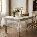 Horaldaily White Gauze Floral Tablecloth 60120 Inch Rectangular, Beige Flower Spring Summer Tulle Table Cover, Garden Party Decor for Wedding, Party, Holiday Dining