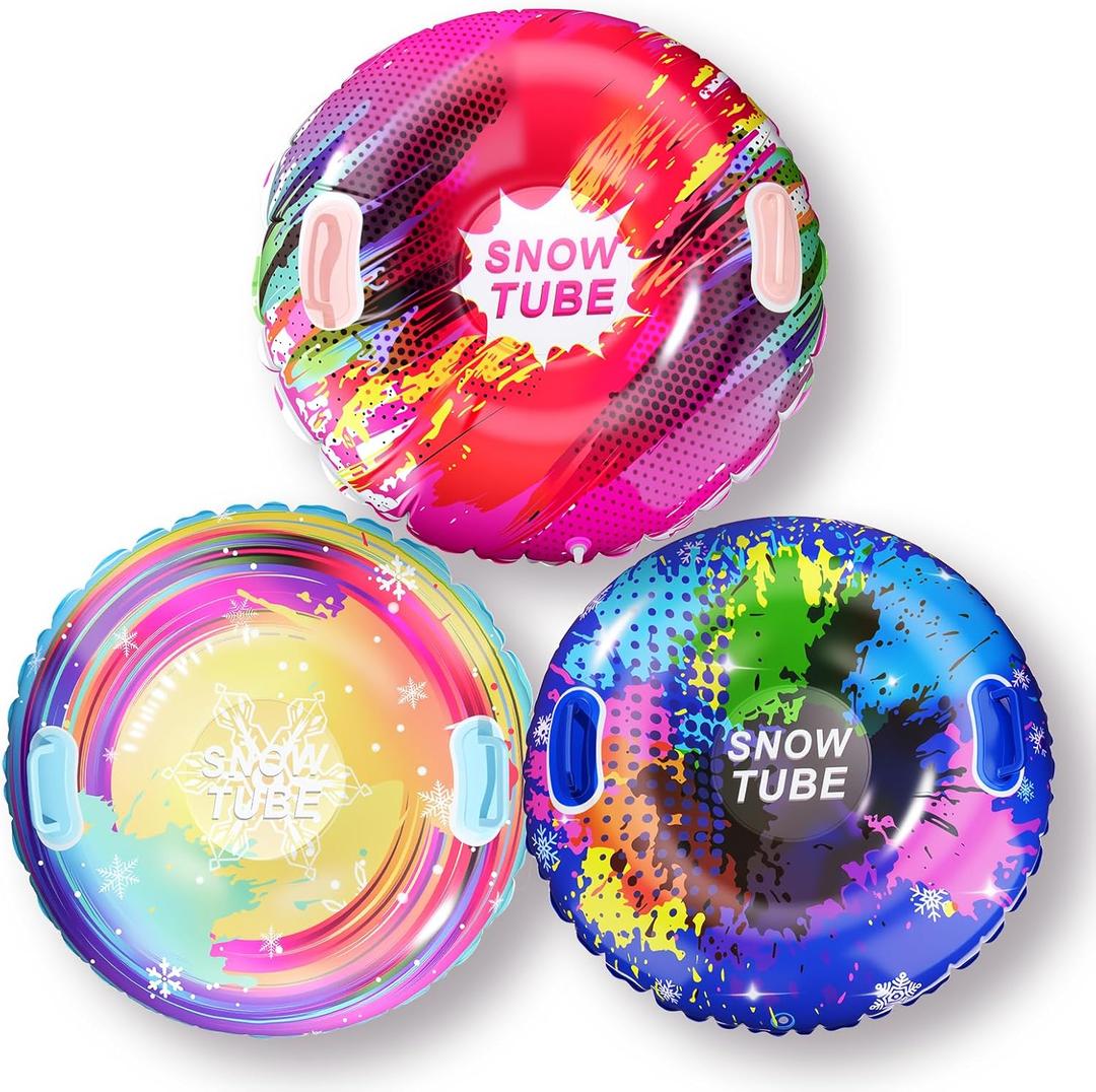 Snow Tubes, Inflatable Snow Sled with Leak-Proof Valve and Handles for Kids and Adults, Tube with Bottom for Winter Outdoor, Gift and Family, 3 Pack