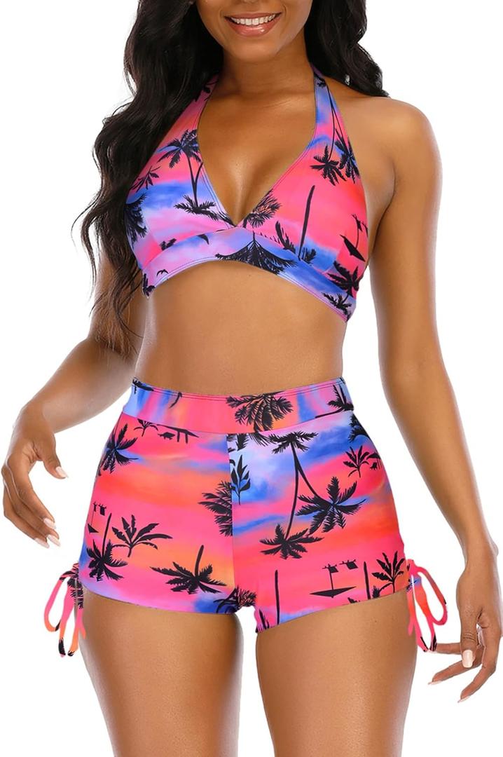 Womens High Waisted Swimsuits with Boy Shorts Brazilian Triangle Top Stripes Halter Bikini Two Piece Bathing Suits (Medium, Red Palm) Womens High Waisted Swimsuits with Boy Shorts Brazilian Triangle Top Stripes Halter Bikini Two Piece Bathing Suits (Medium, Red Palm)