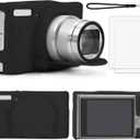 CboZpfa Camera Case for Canon PowerShot SX740/ SX730, Soft Silicone Protective Bag Removable Lens Cover, Anti-Scratch Slim Fit Lightweight Protective, 2 LCD Tempered Films, 1 Wrist Strap - Black