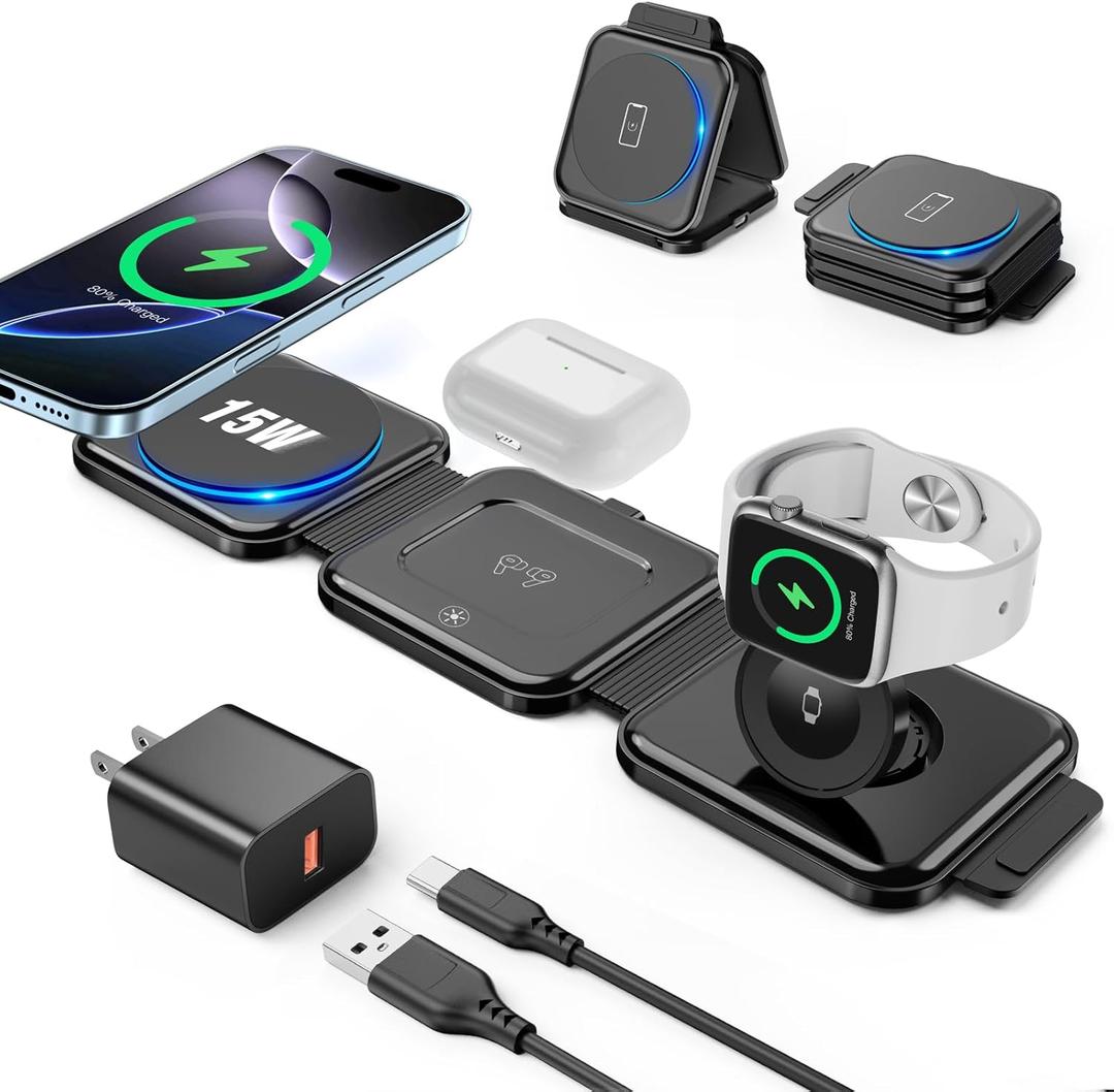 3 in 1 Charging Station for Apple Devices 20W Foldable Mag-Safe Charger for Travel Wireless Charger Pad for iPhone 16 15 14 13 12 Pro/Pro Max/Plus/Mini AirPods 2/3/Pro iWatch Ultra/8/7/SE/6/5/4/3/2 (Black)