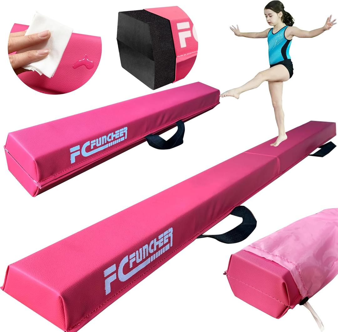6FT Folding Balance Beam for Kids ages 3-15- Foldable Gymnastics Floor Beam,Anti-Slip ,Carrying Bag, Faux Suede Covered,EVA foam,Gymnastics Equipment for Kids Training At Home,School, Gym Center, Pink