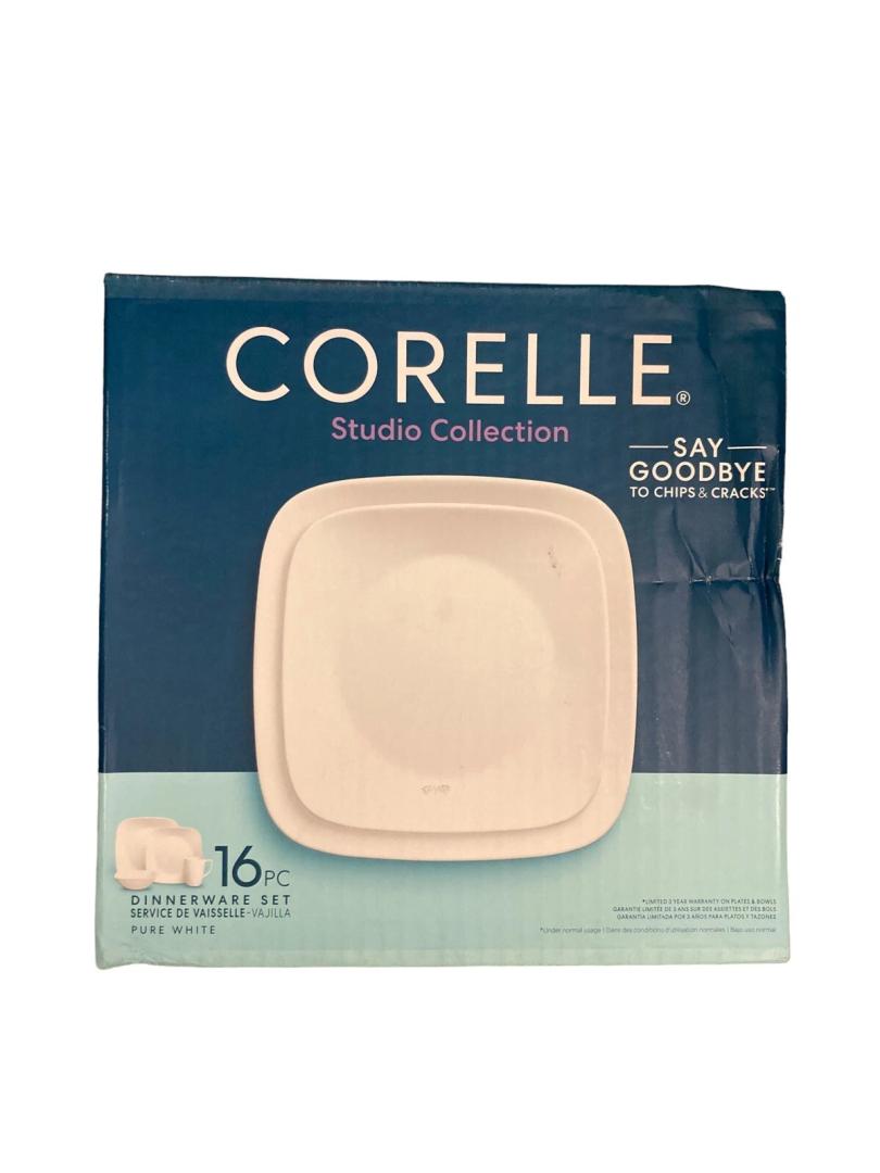 Corelle Studio PURE WHITE 16 Pcs SQUARE Dinnerware & Mugs Dish Set Vitrelle