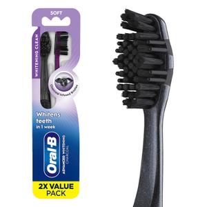 Oral-B 3D White Charcoal toothbrush, 2 count SOFT manual tootbrush pack, Whitens teeth, removes plaque and stains, tongue scraper tooth brush