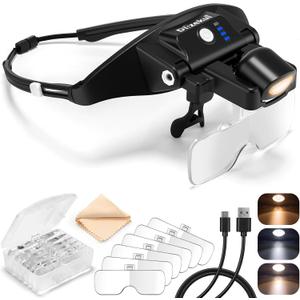 Magnifying Glass with Light 1X-4X, Rechargeable Magnifying Glasses Magnetic Head Magnifier, Magnify Glass with 6 Detachable Lenses, Warm Cold Light Modes Magnifier for Close Work Hobby Crafts