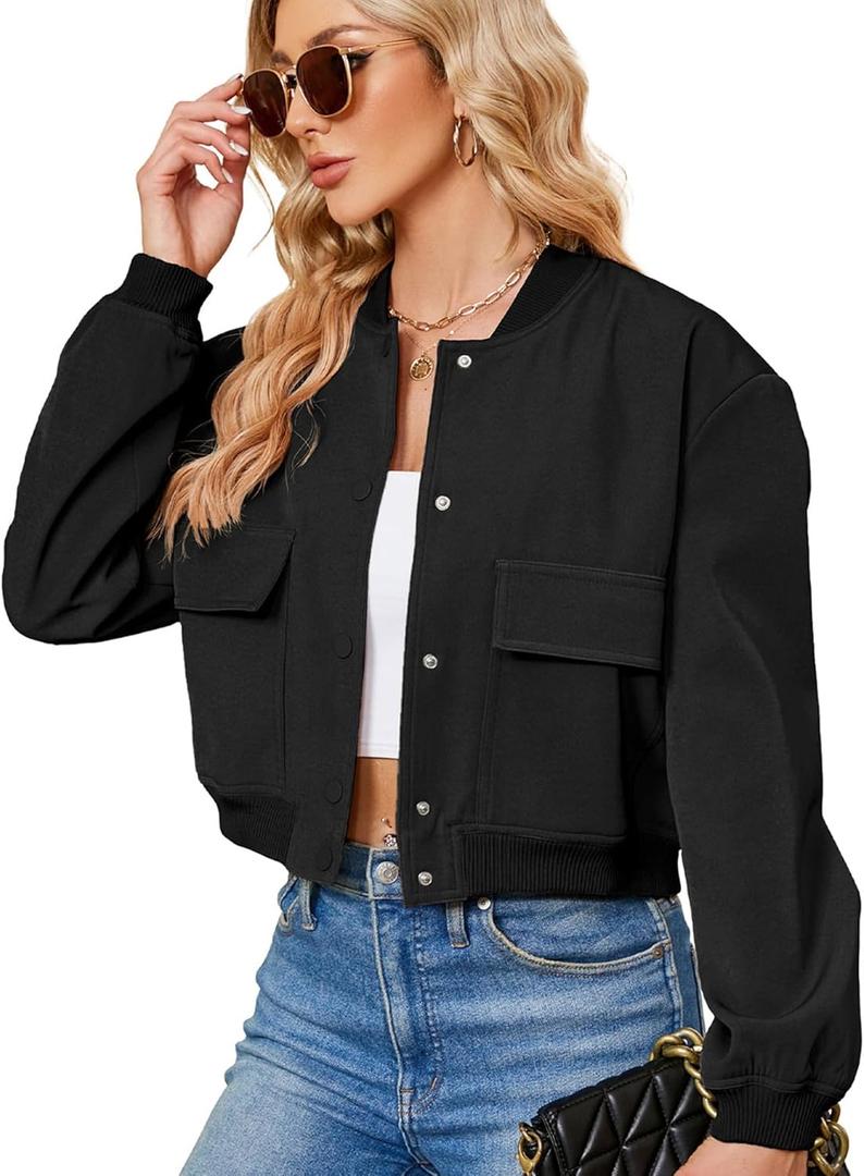 Zando Womens Bomber Jacket Button Down Short Cropped Jackets Long Sleeve Baseball Varsity Jacket Casual Jackets with Pockets (Medium, Black)