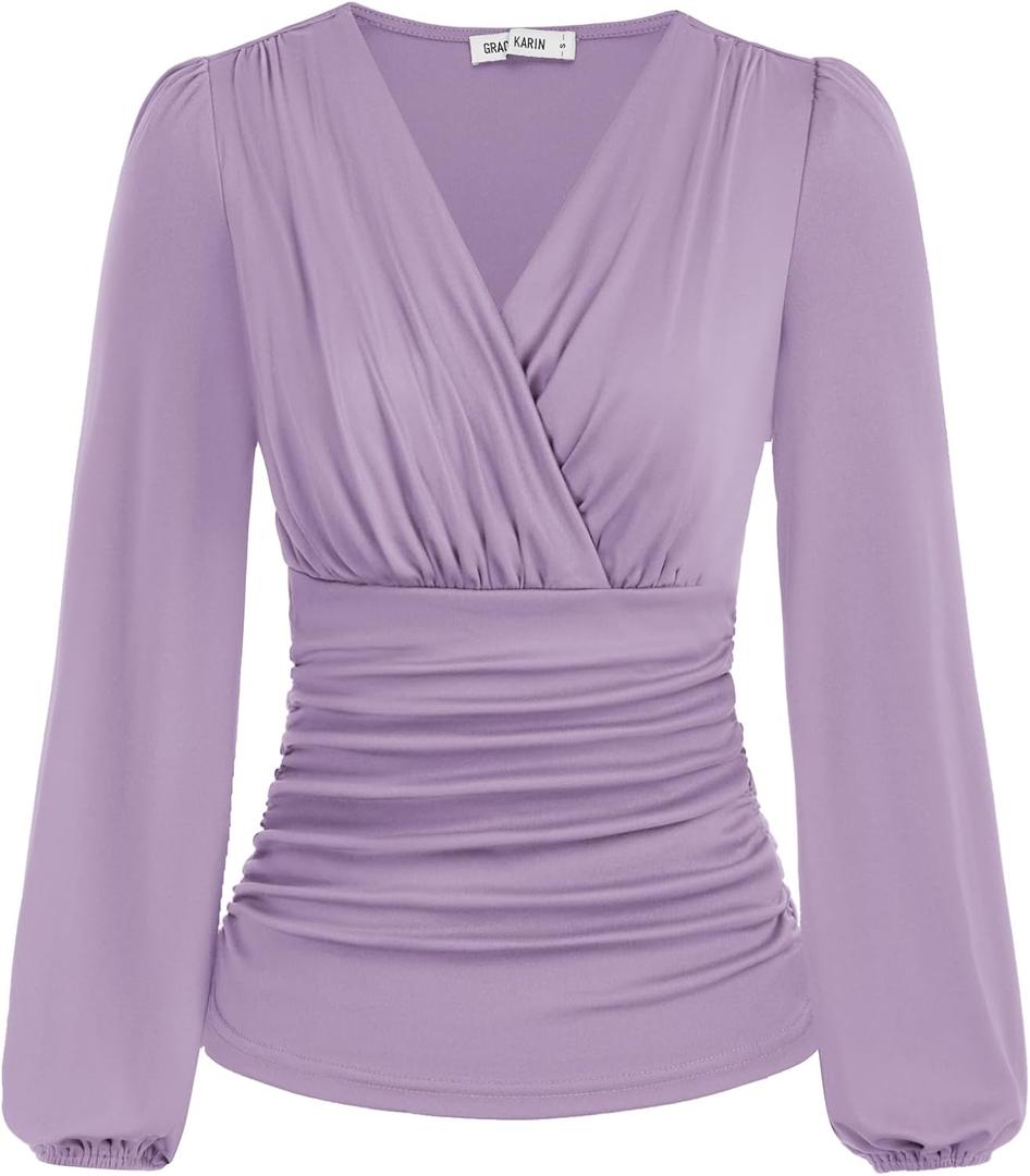GRACE KARIN 2025 Womens Tops Fall Wrap Blouse V Neck Work Shirt Long Sleeve Dressy Casual Ruched Top Trendy Fashion Outfits (Medium, Pink Purple)