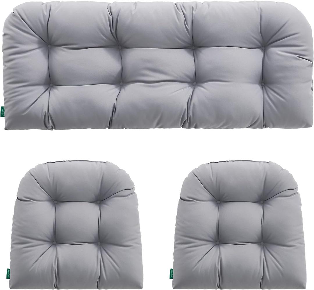 Outdoor/Indoor All Weather Tufted Wicker Chair Cushions of 3 Pieces, 1 Loveseat and 2 U-Shape Waterproof Cushions for Patio Furniture,Wicker Loveseat,Bench-Grey