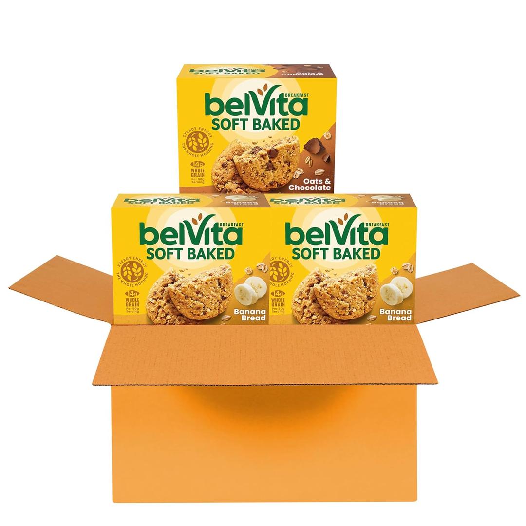 belVita Soft Baked Breakfast Bars Variety Pack, Banana Bread and Oats & Chocolate, 3 Boxes of 5 Packs (1 Biscuit Per Pack) BBD: 06/06/26 