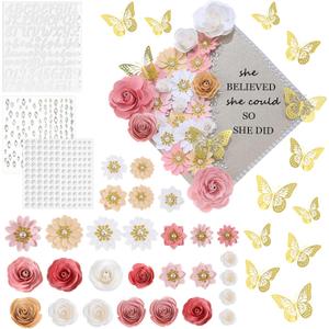 43 Pcs Graduation Cap Decorations Kit Includes Artificial Flowers Faux Flower Heads 3D Butterfly Stickers Pearl Rhinestones Glitter Stickers for Grad Cap Topper DIY Graduation Gift(Pink)