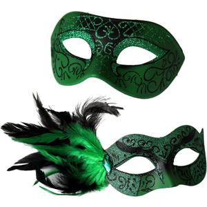 Wildarms Couple Masquerade Masks - Feather Women & Venetian Men Masks for Halloween Party, Mardi Gras Cosplay