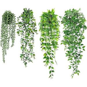 USLAI Artificial Hanging Plants Vine, Fake Potted Greenery Faux Eucalyptus, Mandala, String of Pearls, Pea Pod Leaves in Pot for Office Living Room Bathroom Indoor Outdoor Décor (4 Pack)