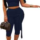 CXXQ Women Sexy 2 Piece Outfits Club Self Tie Crop Top Capri Leggings Sets Tracksuits, Summer, Off Shoulder, Pantsuits, Clubwear, Party, Night Out, Matching Set, Pants, High Stretch, Slim Fit, Medium