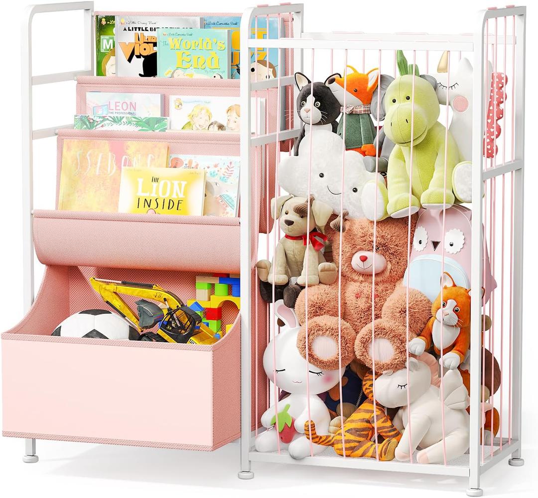 BBLIKE Kids Bookshelf and Stuffed Animal Storage - Multi-Function Nursery Book Shelves with Toy Box and PVC Book Display, Toy Organizer for Playroom, Bedroom, Nursery, Pink