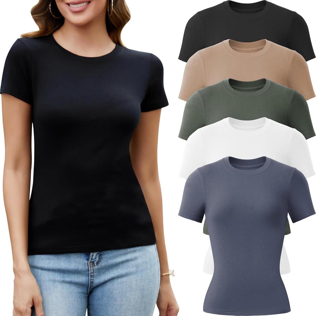 5 Pack Crew Neck T Shirts for Women Daily Casual Womens Fitted Tshirt Basic Tops for Women Stretchy Womens Tees (Medium, 5 Pack: Dark Blue&Olive, Green&Black&White&Nude)
