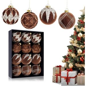 Ciaell 12PCS Brown Velvet Christmas Ornaments - 3.15inch Christmas Tree Balls - Shatterproof Plastic Balls Xmas Hanging Ornaments with Gift Box for Holiday Indoor Outdoor Decorations