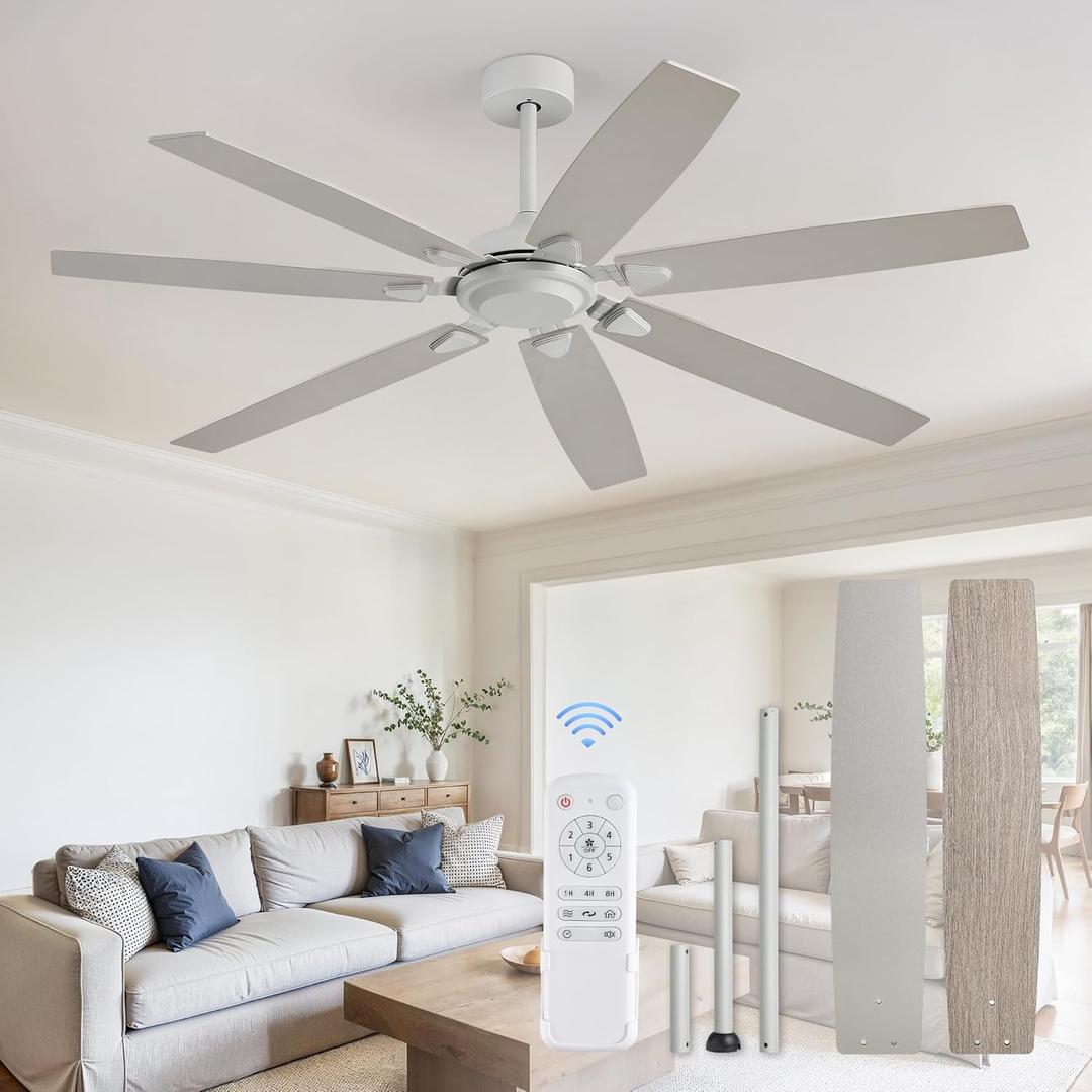 62 Inch Ceiling Fan No Light with Remote Control, Grey Ceiling Fans Without Light With 6-Speeds Quiet Reversible DC Motor, Indoor/Outdoor Ceiling Fan with Dual Finish 7 Blades for Patio Living Room