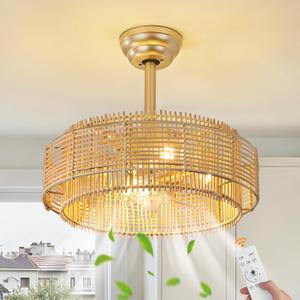 KAISITE Boho Caged Ceiling Fan with Light and Remote Control 19" Rattan Fandelier 6 Speeds Bladeless Ceiling Fan Semi Flush Mount Chandelier Fan for Bedroom Living Room Nursery, 19.3in-B