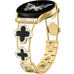 Diamond Metal Band Compatible with Samsung Galaxy Watch 7 6 5 4 40mm 44mm/for Galaxy Watch 6 4 Classic 42mm 46mm 43mm 47mm/Watch 5 Pro 45mm/Active 2,20mm Stylish Clover Sparkle Wristband Women (Gold/Black)