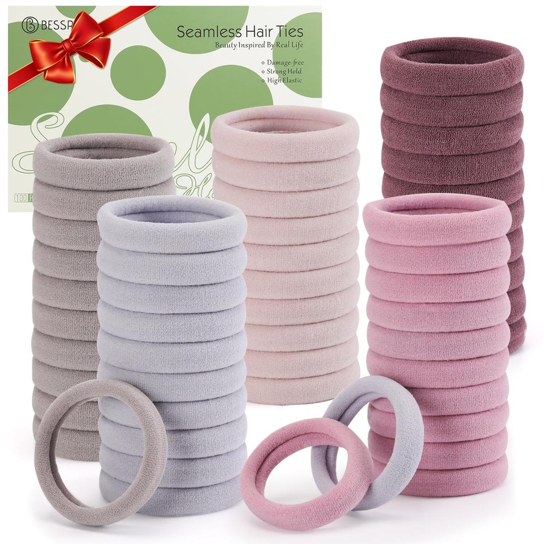 Bessrung 100 Pcs Thick Seamless Hair Ties, Ponytail Holders, Pink, No Damage for Thick Hair, Valentine's Day Gifts