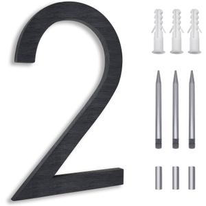 8 Inch Floating House Numbers, Address Numbers for Outside, Metal Black Large Modern House Numbers, Door Numbers for Mount Aluminum Black Number 2